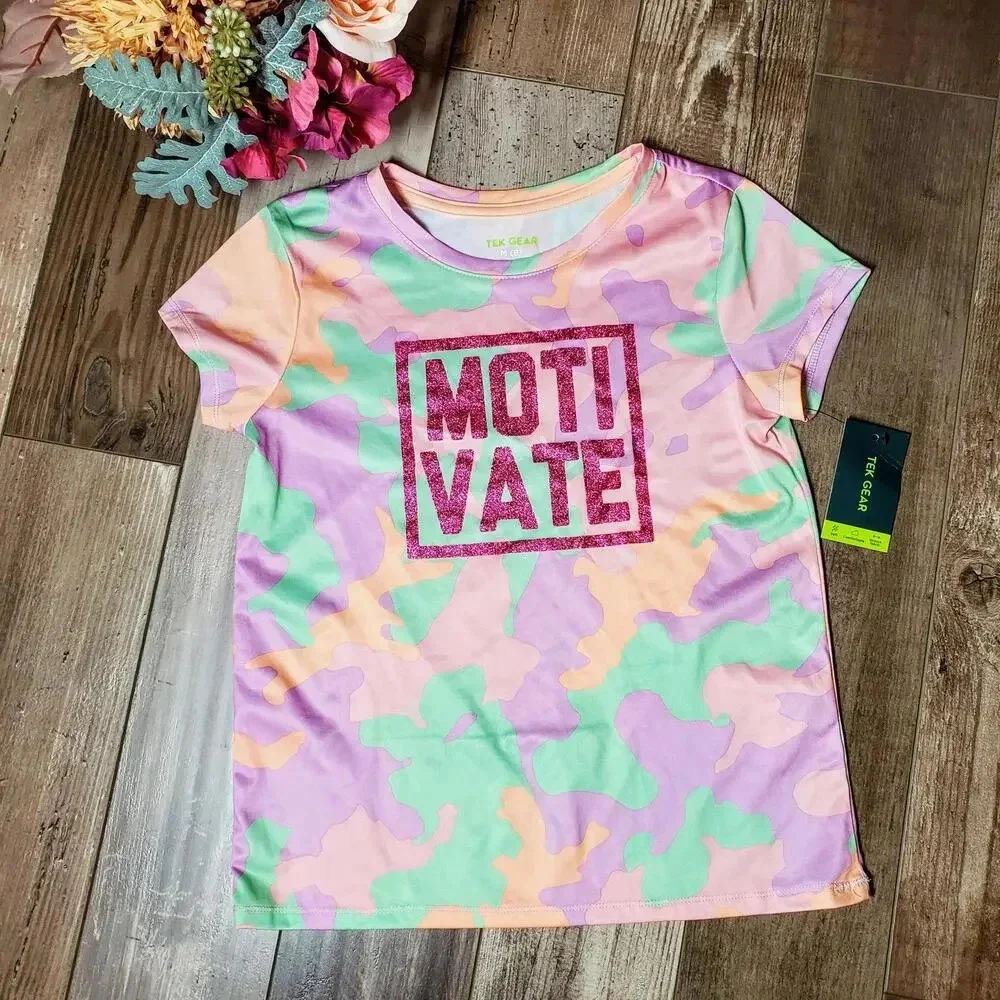 NWT TEK GEAR Girls Pastel Camo Bling Crewneck Performance Shirt Medium Size 8